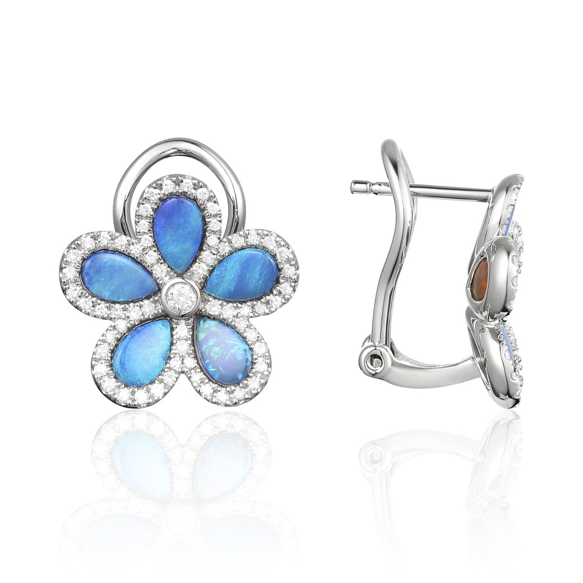 Luvente 14 Karat White Gold Opal and Diamond Flower Stud Earrings - Colored Stone Earrings
