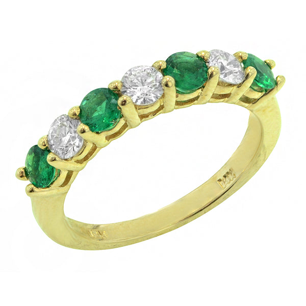 Yellow Gold Emerald and Diamond Band - Colored Stone Rings - Women's