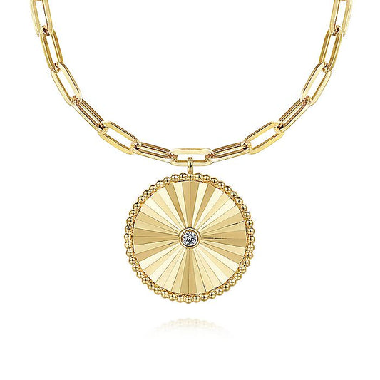 Gabriel & Co. 14 Karat Yellow Gold Textured Diamond Medallion Paperclip Necklace