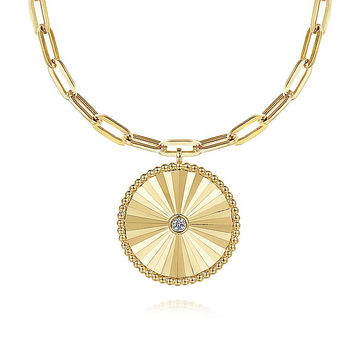 Gabriel & Co. 14 Karat Yellow Gold Textured Diamond Medallion Paperclip Necklace - Gold Necklace