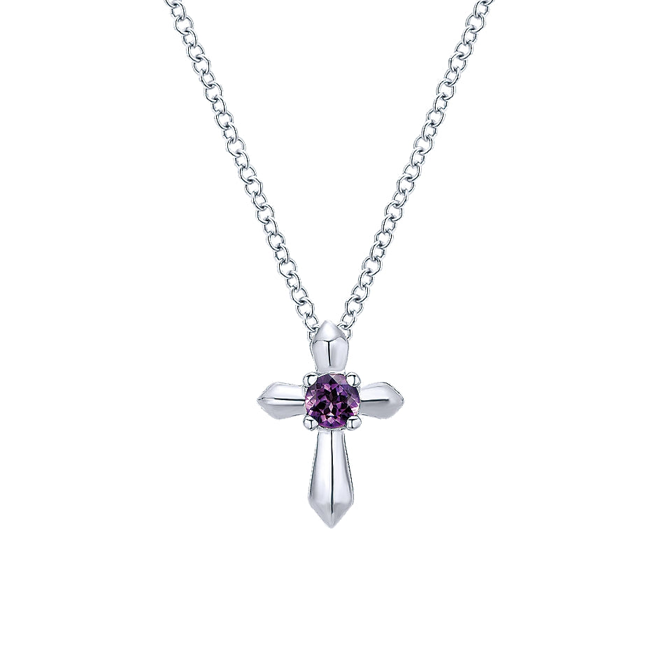 Gabriel & Co Sterling Silver Round Amethyst Cross Necklace - Silver Necklace