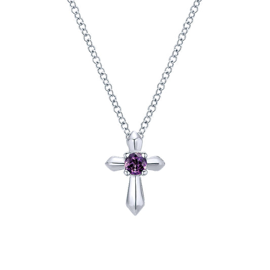 Gabriel & Co Sterling Silver Round Amethyst Cross Necklace - Silver Necklace