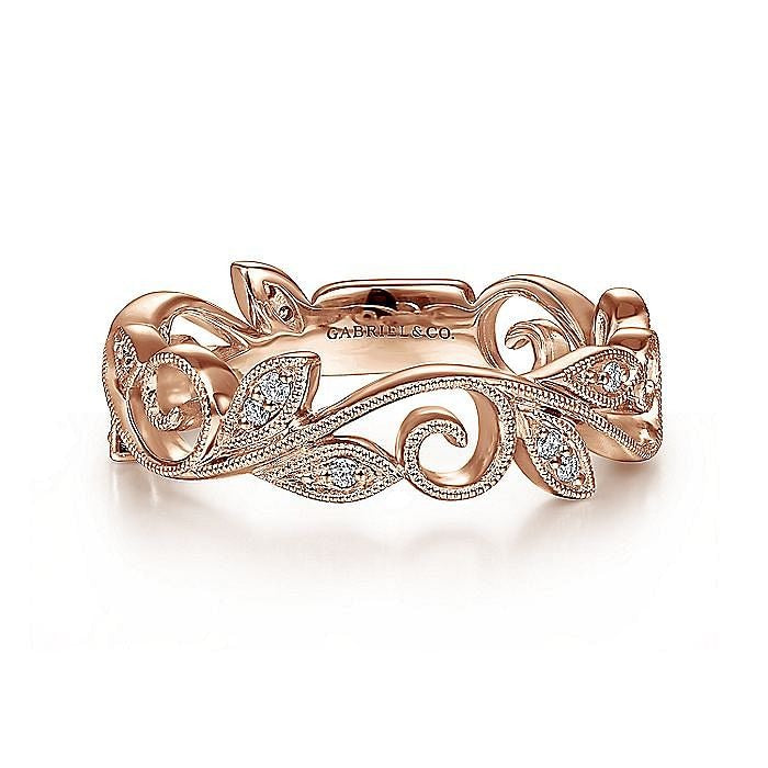 Gabriel & Co. 14 Karat Rose Gold Scrolling Floral Diamond Stackable Ring