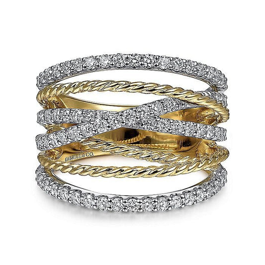 Gabriel & Co. Yellow and White Gold Twisted Rope Criss Cross Diamond Multi Row Ring