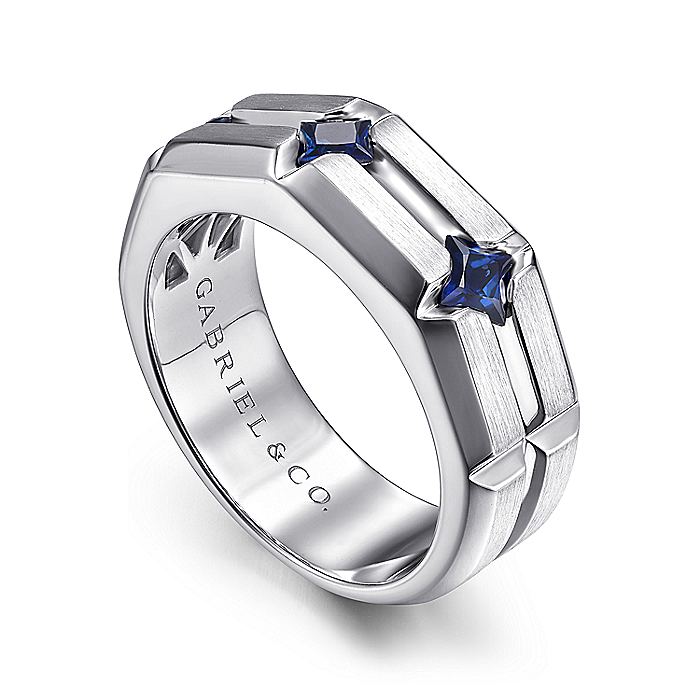 Gabriel & Co Silver Ring with Square Sapphire Stations - Gents Silver Ring