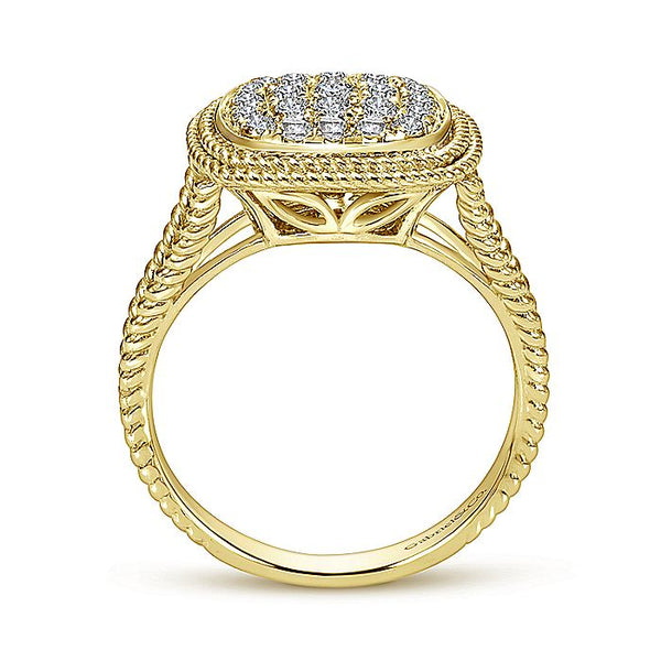 Gabriel & Co Yellow Gold Twisted Cushion Shaped Pave Diamond Ring