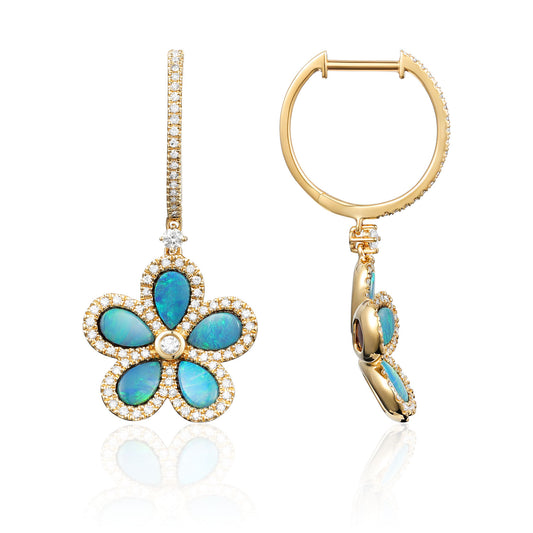 Luvente 14 Karat Yellow Gold Flower Opal and Diamond Dangle Earrings - Colored Stone Earrings