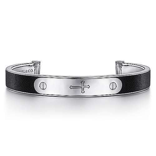 Gabriel & Co Sterling Silver and Leather Open Cross ID Bracelet