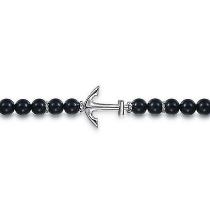 Gabriel & Co Silver Onyx Beaded Bracelet With Anchor