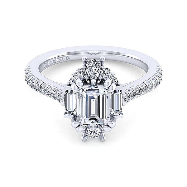 Gabriel & Co. White Gold Art Deco Emerald Cut Halo Semi-Mount Engagement Ring
