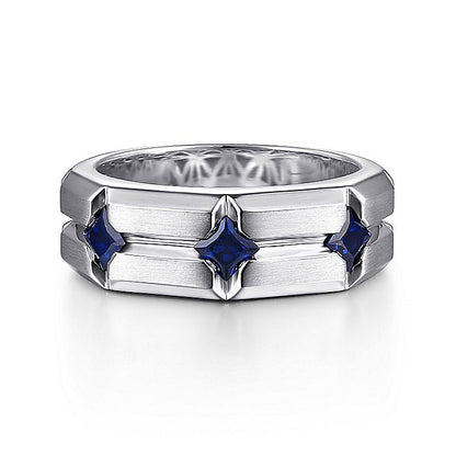 Gabriel & Co Silver Ring with Square Sapphire Stations - Gents Silver Ring