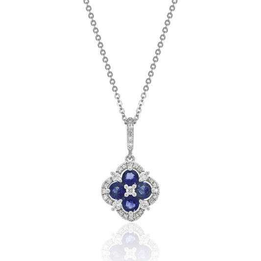 Luvente White Gold Sapphire & Diamond Clover Necklace - Colored Stone Pendants