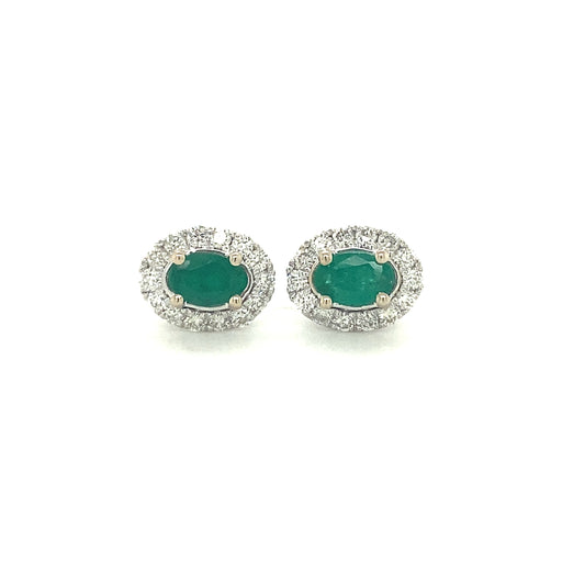 14 Karat White Gold Emerald Halo Earrings - Colored Stone Earrings