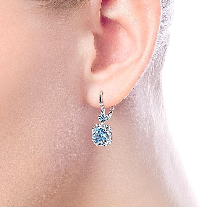 Gabriel & Co White Gold Swiss Blue Topaz with Diamond Halo Leverback Earrings - Colored Stone Earrings