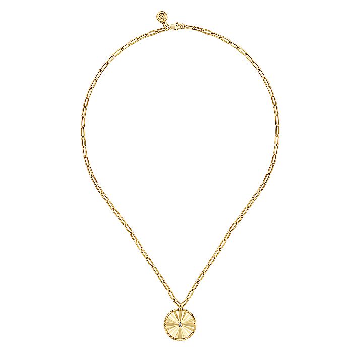 Gabriel & Co. 14 Karat Yellow Gold Textured Diamond Medallion Paperclip Necklace - Gold Necklace