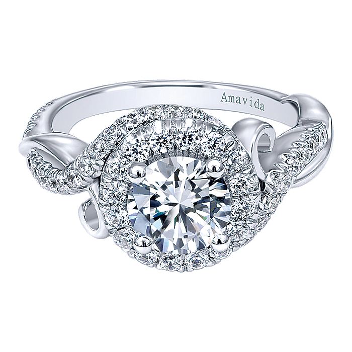 Amavida White Gold Swirl Round Halo Engagement Ring