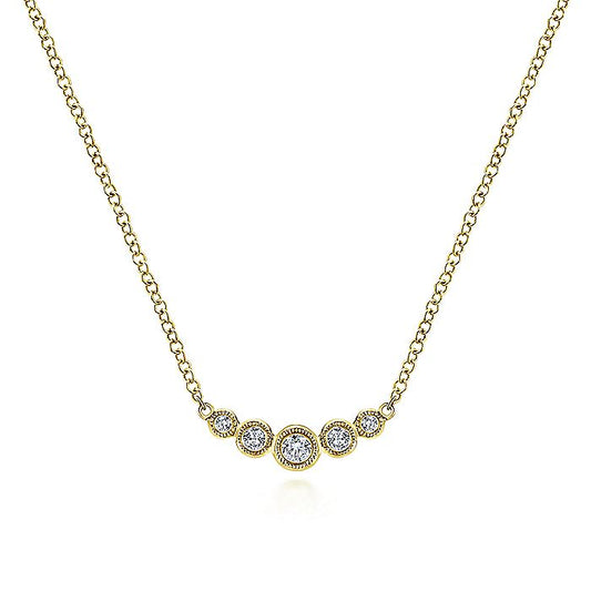 Gabriel & Co Yellow Gold Curved Round Diamond Bar Necklace