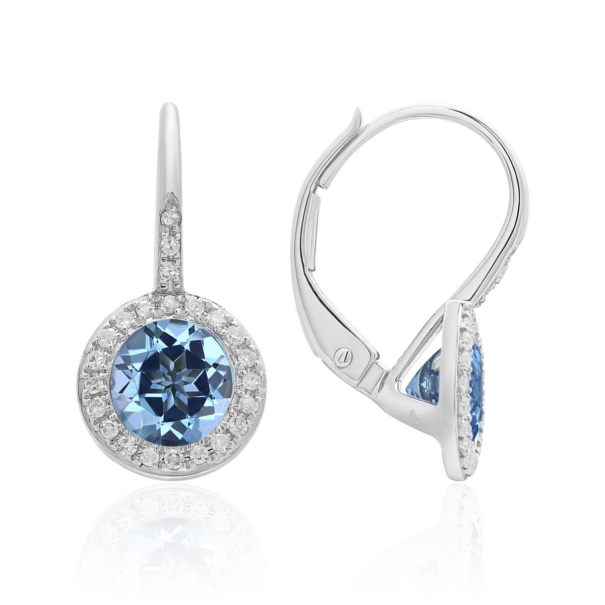 White Gold Blue Topaz Leverback Earrings - Colored Stone Earrings