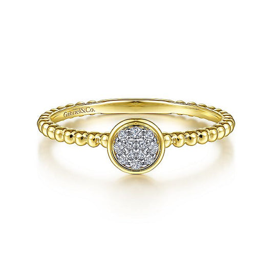 Gabriel & Co Yellow Gold Round Bezel Set Diamond Cluster Ring with Bujukan Beaded Shank