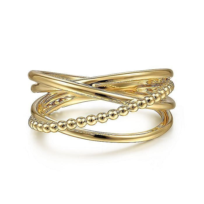 Gabriel & Co Yellow Gold Bujukan Bead Criss Cross Ring
