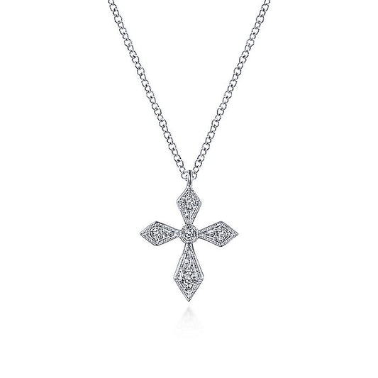 Gabriel & Co Vintage Inspired White Gold Pointed Diamond Cross Pendant Necklace