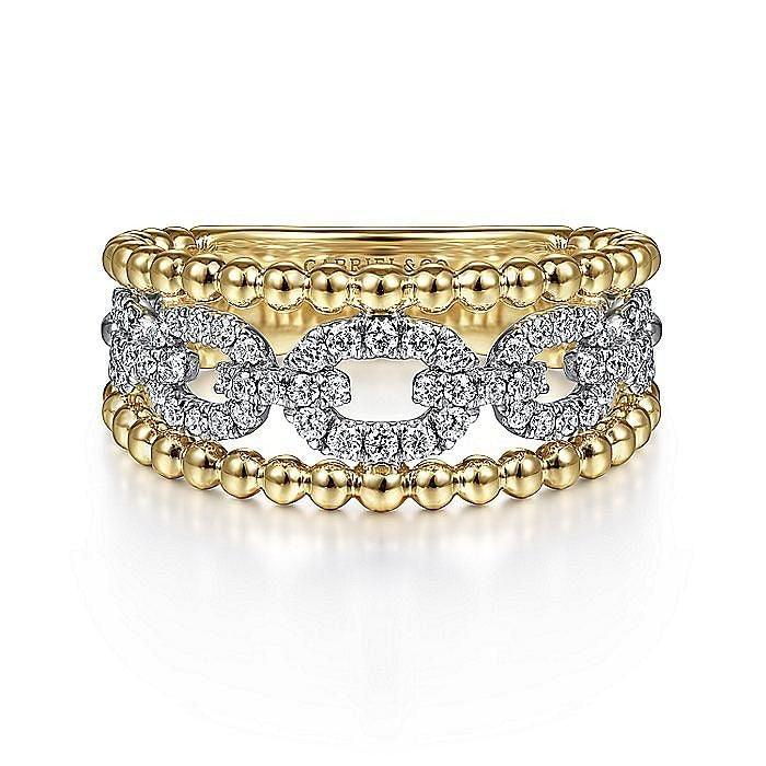 Gabriel & Co White And Yellow Gold Pavé Diamond Link and Bujukan Bead Ring - Diamond Fashion Rings - Women's