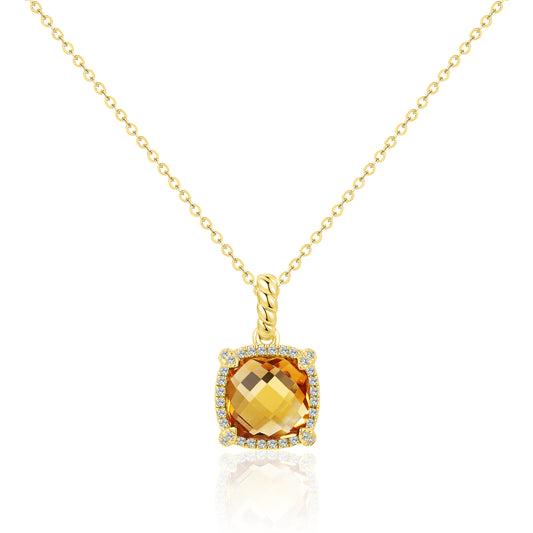 14 Karat Yellow Gold Cushion Cut Citrine Diamond Halo Pendant