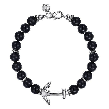 Gabriel & Co Silver Onyx Beaded Bracelet With Anchor