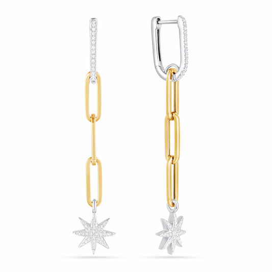 Luvente 14 Karat Yellow and White Gold Diamond Star Paperclip Drop Earrings - Diamond Earrings