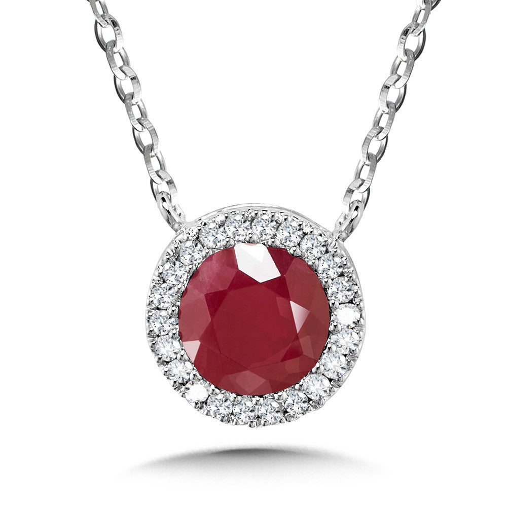 White Gold Round Ruby Diamond Halo Pendant