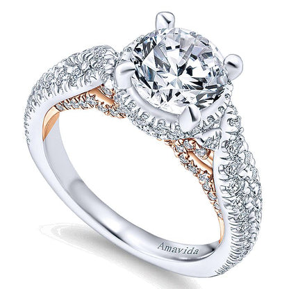 Amavida White And Rose Gold Twisted Halo Engagement Ring - Diamond Semi-Mount Rings