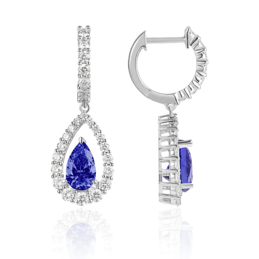 Luvente 18 Karat White Gold Pear Shape Sapphire Diamond Halo Dangle Earrings - Colored Stone Earrings