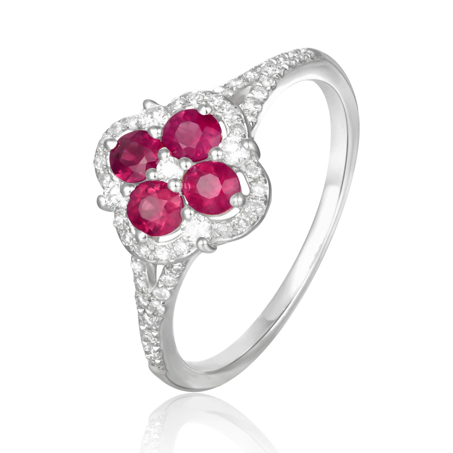 Luvente White Gold Ruby & Diamond Clover Ring