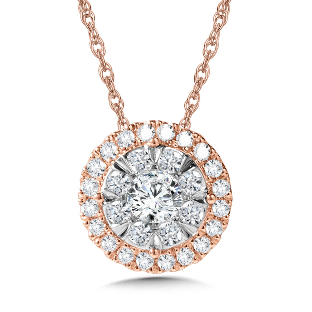 Rose and White Gold Diamond Halo Pendant