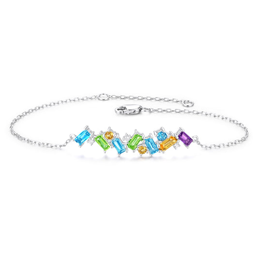 Luvente White Gold Scattered Gemstone and Diamond Station Chain Bracelet - Colored Stone Bracelets