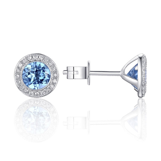 Luvente White Gold Blue Topaz & Diamond Halo Earrings - Colored Stone Earrings
