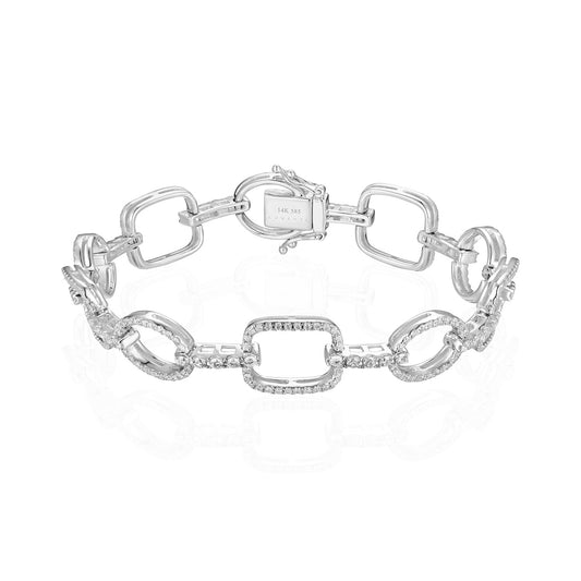 Luvente 14 Karat White Gold Diamond Alternating Oval and Rectangular Chain Link Style Bracelet - Diamond Bracelets