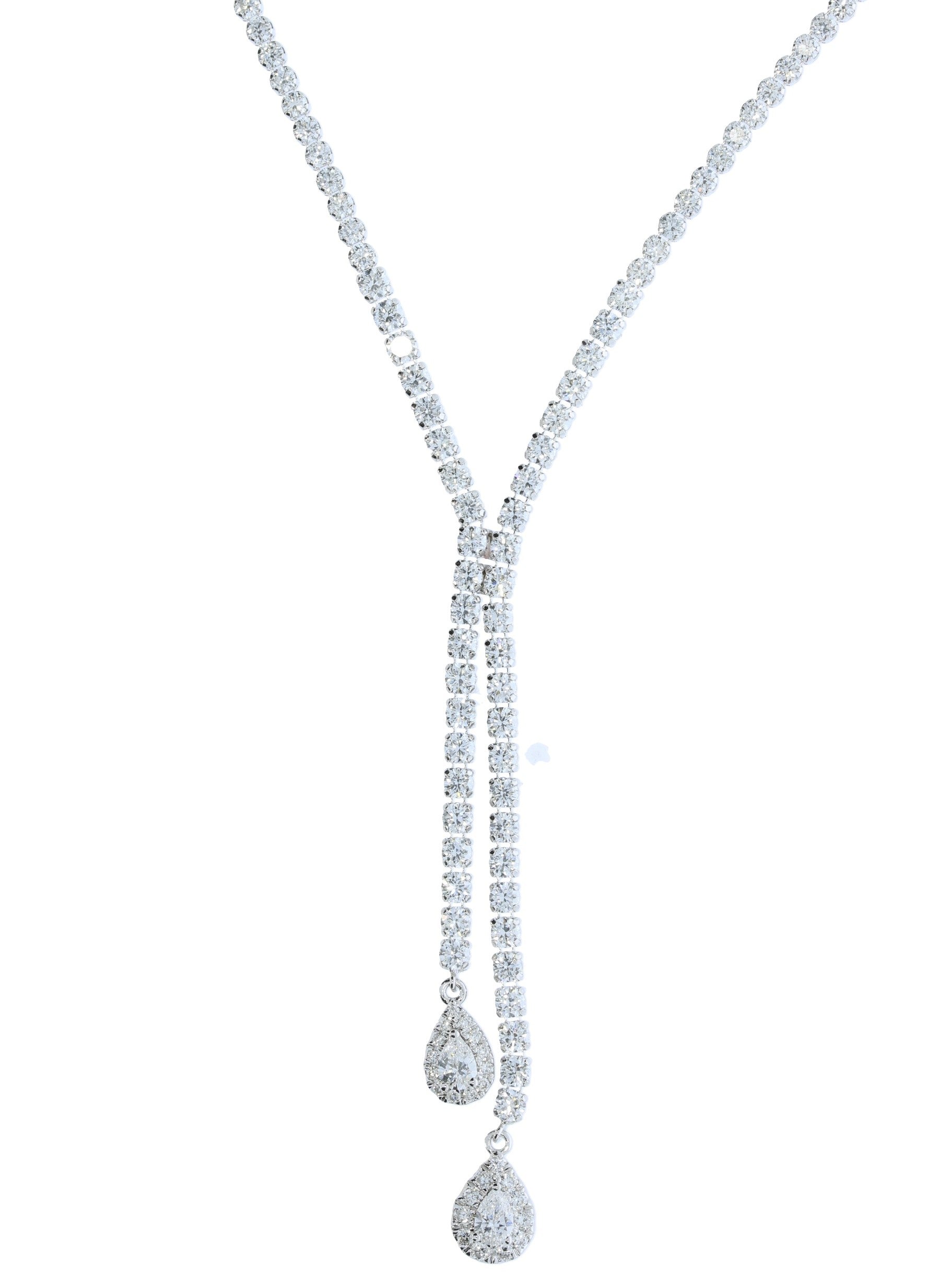 White Gold Lariat Style Diamond Necklace With Floating Pear Shape Halos - Diamond Necklaces
