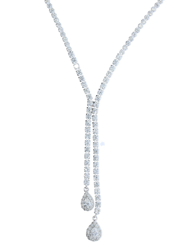 White Gold Lariat Style Diamond Necklace With Floating Pear Shape Halos