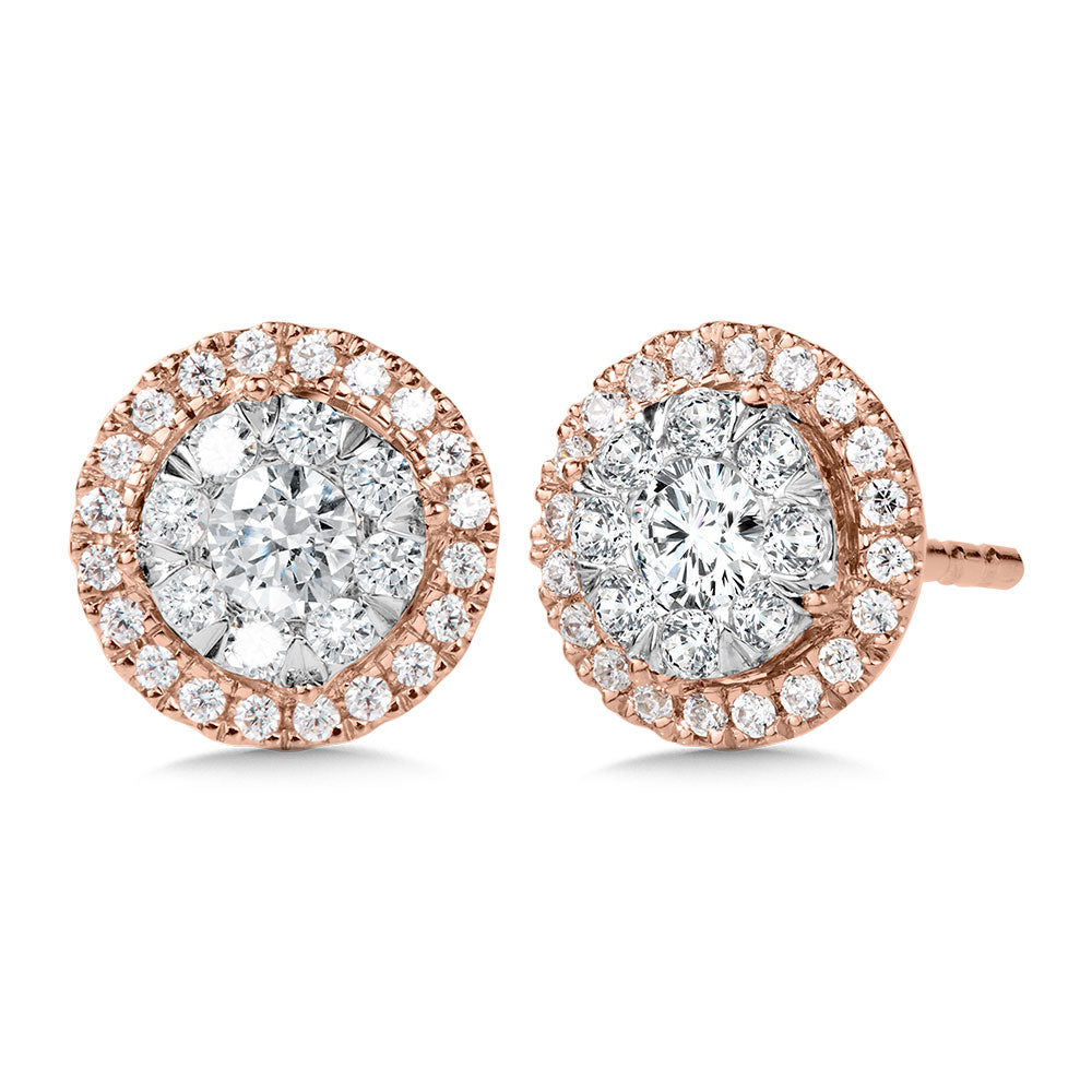 Rose and White Gold Diamond Halo Earrings - Diamond Earrings
