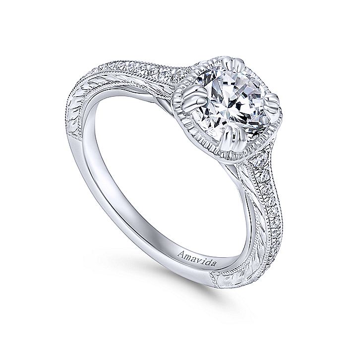 Amavida Platinum Engraved Engagement Ring - Diamond Semi-Mount Rings