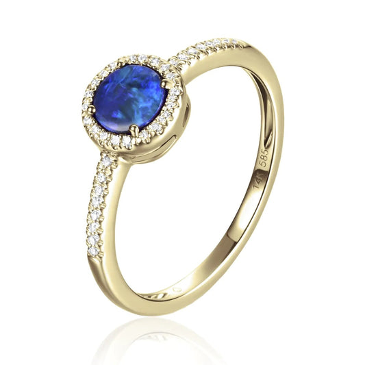Luvente 14 Karat Yellow Gold Round Opal Diamond Halo Ring - Colored Stone Rings - Women's